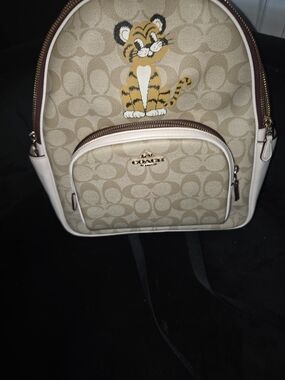 Coach Beige Signature Canvas Backpack with Tiger Patch
